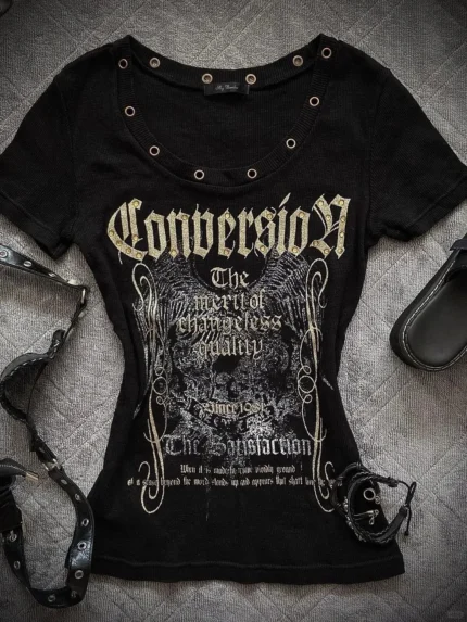 Goth Woman clothing Y2K T-shirts Punk American Vintage Streetwear Rock 2000s Print Summer Slim Harajuku Letter Black Round Neck